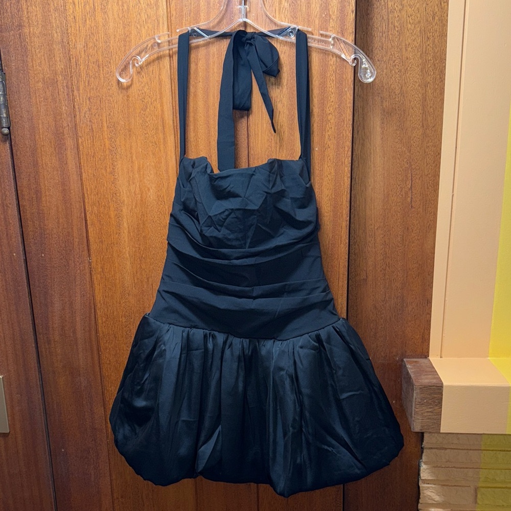 Oh Polly Ludmila Halterneck Lace-Up Bubble Hem Corset Micro Mini Dress in Black - Picture 2 of 12